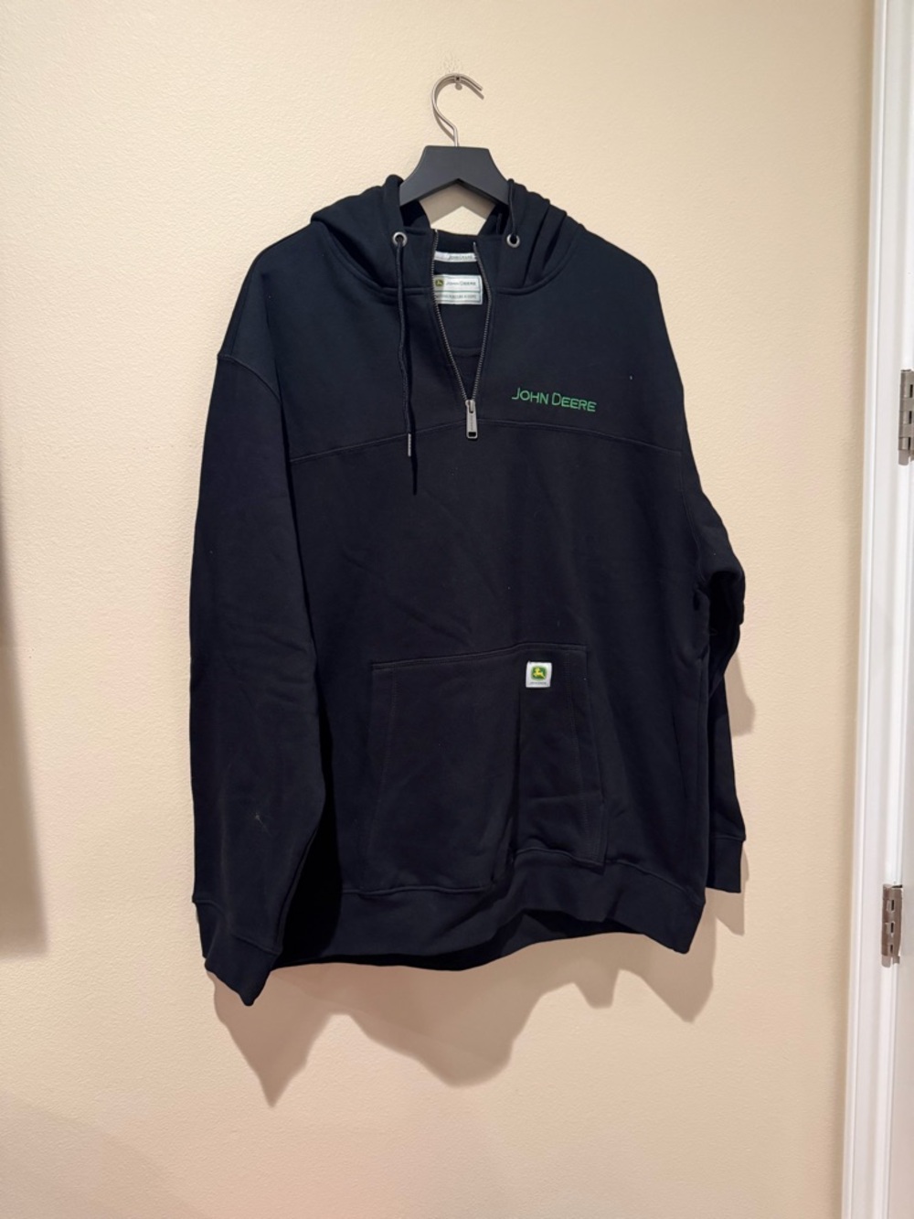 NWT John Deere Black Zip-Up Hooded Sweatshirt with Green Logo